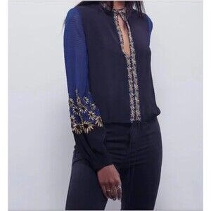 EUC Free People Black Gold Embroidered Chiffon Top S